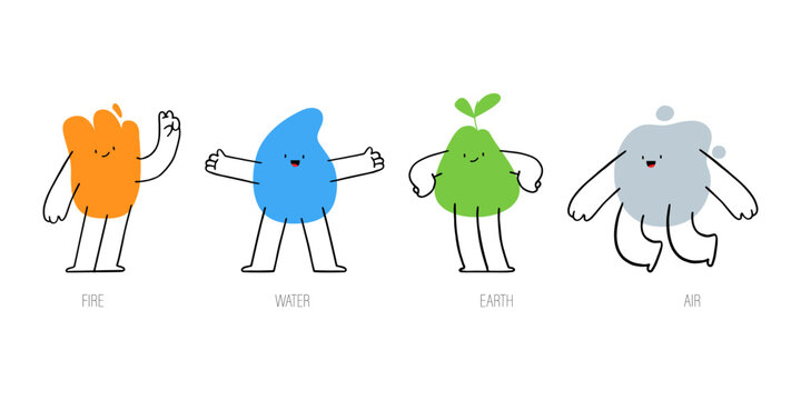 Four different elements fire, water, earth, air with cute characters with emotions. Trendy vector illustartion.