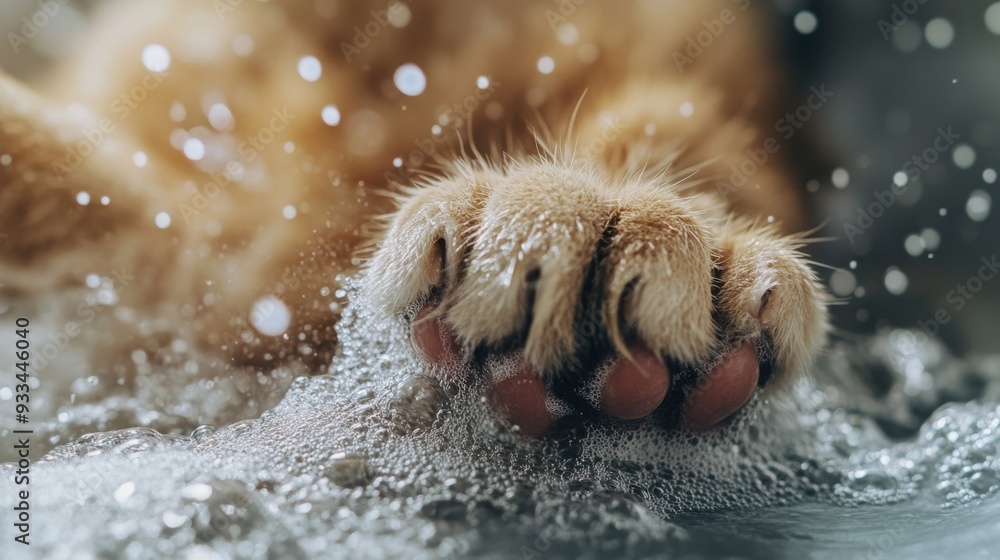 Poster high-definition shot of a cat's paws and fur being rinsed in a bath, with water droplets and bubbles