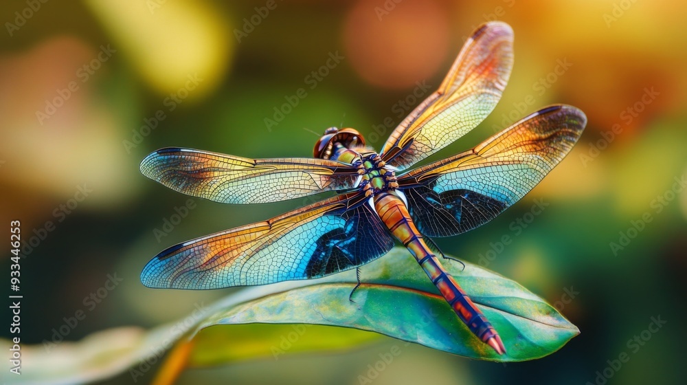 Aufkleber High-definition shot of a dragonfly resting on a leaf, with a focus on its intricate wing patterns and colorful body, set against a natural backdrop.