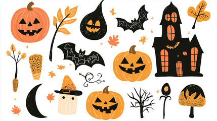 Fototapeta premium Cute halloween stickers, set of autumn stickers with pumpkin, bat, leaves, ghost, spiders and witch hat, pastel colors, vector icons