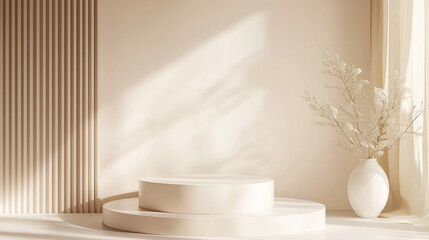 Minimalist empty mockup podium with Dried for elegant product display and interior design presentations, in beige and white colors