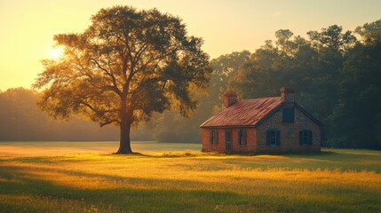 Fototapeta premium A serene landscape featuring a rustic house and a large tree.