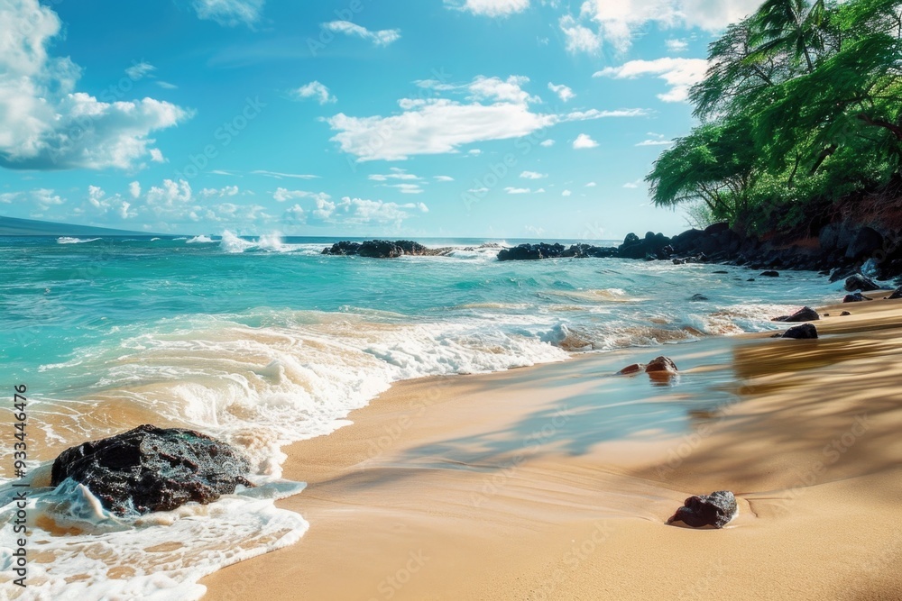 Aufkleber A serene beach scene with a few rocks submerged in the calm waters, perfect for use as a background or to evoke feelings of relaxation