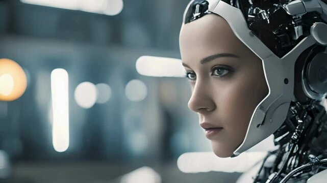  Close-up of a Female Robot with Human-Like Features and a White Helmet