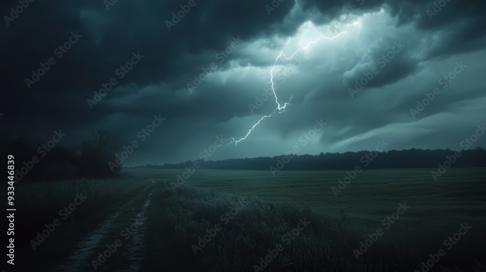 Poster high-definition shot of a lightning storm over a rural landscape, with dark clouds and bright lightn