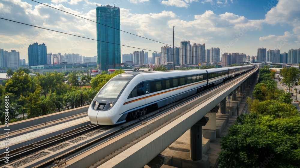 Leinwandbilder high-definition shot of a high-speed train on elevated tracks, emphasizing its sleek profile and the