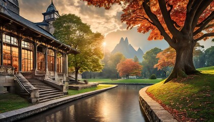 Serene canal reflecting historic Gothic university campus bathed in golden autumn light.