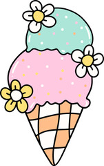 Groovy Ice cream cone scoop retro pastel summer doodle hand drawing