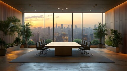 Contemporary meeting room with urban cityscape view, architectural design elements, and natural daylight in high resolution.