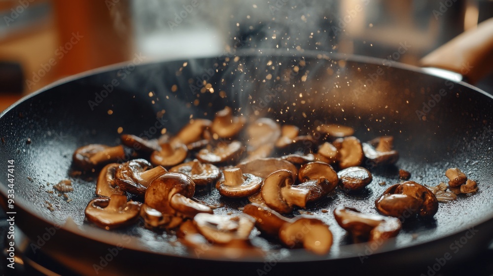 Poster High-definition shot of a shiitake mushroom being saut in a pan, capturing the sizzling action and the golden-brown color developing on the mushrooms.