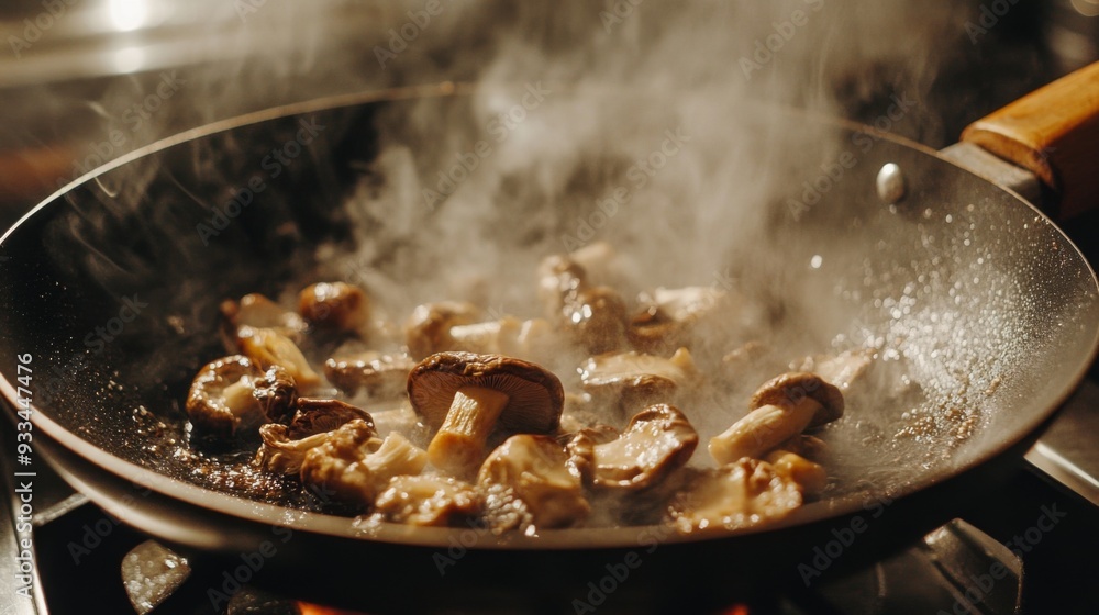 Poster High-definition shot of a shiitake mushroom being saut in a pan, capturing the sizzling action and the golden-brown color developing on the mushrooms.