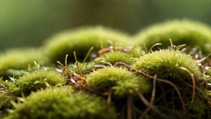forest moss closeup, sun rays highlighting