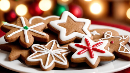 closeup of gingerbread stars with ornaments