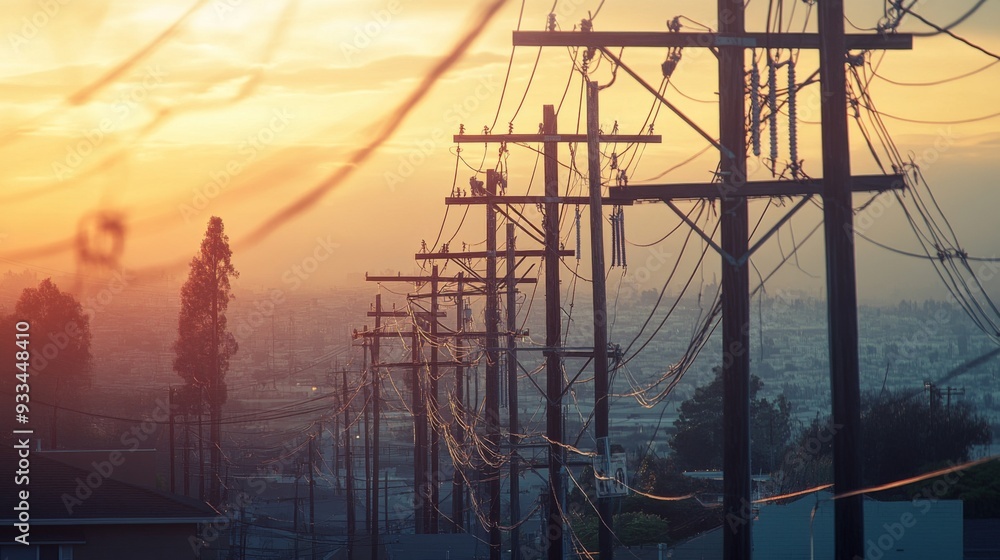 Poster high-definition shot of power cables running along utility poles, with a focus on the connections an