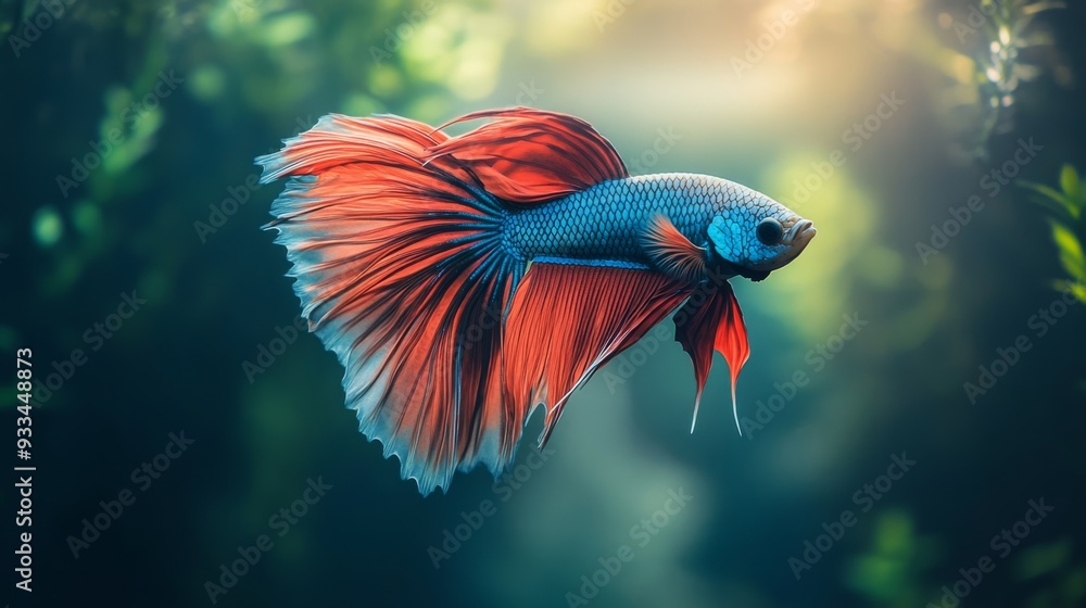 Poster High-resolution close-up of a Betta fish with a dramatic display of its flowing fins and vivid colors, in a serene aquarium setting with natural light.