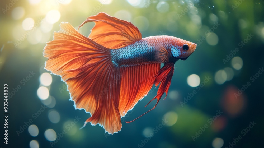 Poster High-resolution close-up of a Betta fish with a dramatic display of its flowing fins and vivid colors, in a serene aquarium setting with natural light.
