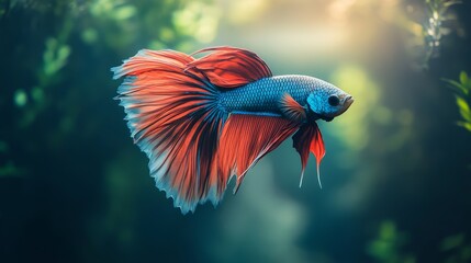 Fototapeta premium High-resolution close-up of a Betta fish with a dramatic display of its flowing fins and vivid colors, in a serene aquarium setting with natural light.