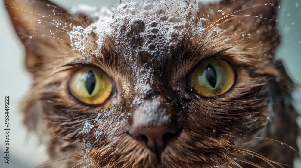 Poster high-resolution close-up of a cat's face during bath time, with water running over its fur and its e