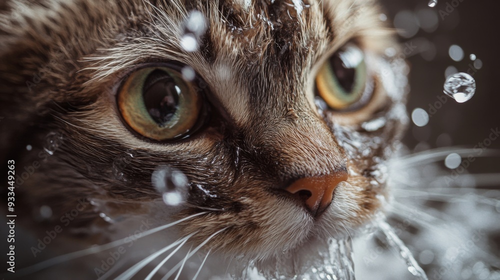 Poster high-resolution close-up of a cat's face during bath time, with water running over its fur and its e