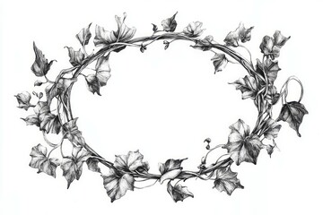 Naklejka premium an ivy vine oval frame. Ink drawing in white background