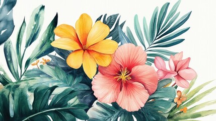 Fototapeta premium Vibrant watercolor illustration capturing the bold and unrestrained enthusiasm of flowers and their foliage