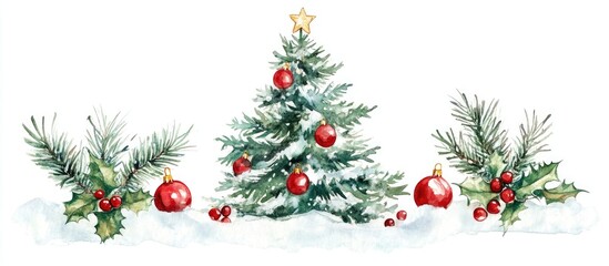 Watercolor Christmas tree adorned with holly and winter decorations ideal for greeting cards invitations and festive decor