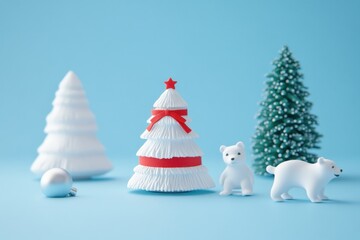 Three Christmas trees, two polar bears, and a cat in a cute, dreamy 3D clay model on a blue background, hyper-realistic.