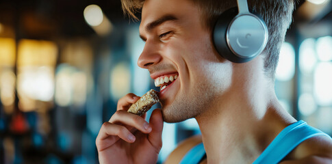 A man with headphones on is smiling and eating a protein bar