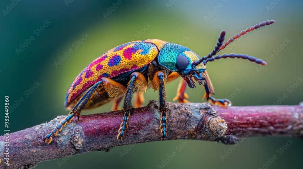 Poster High-resolution close-up of a colorful beetle on a branch, highlighting its vivid patterns and glossy exoskeleton against a contrasting background.