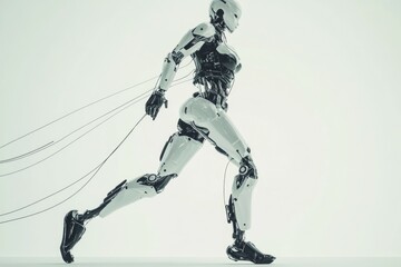 female robot walking forward smoothly and confidently. 