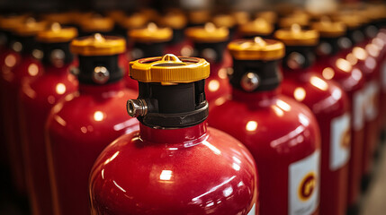 fire extinguisher illuminated by sunlight, standing against a blurred background. The image symbolizes fire safety and readiness, highlighting the importance of precautionary measures