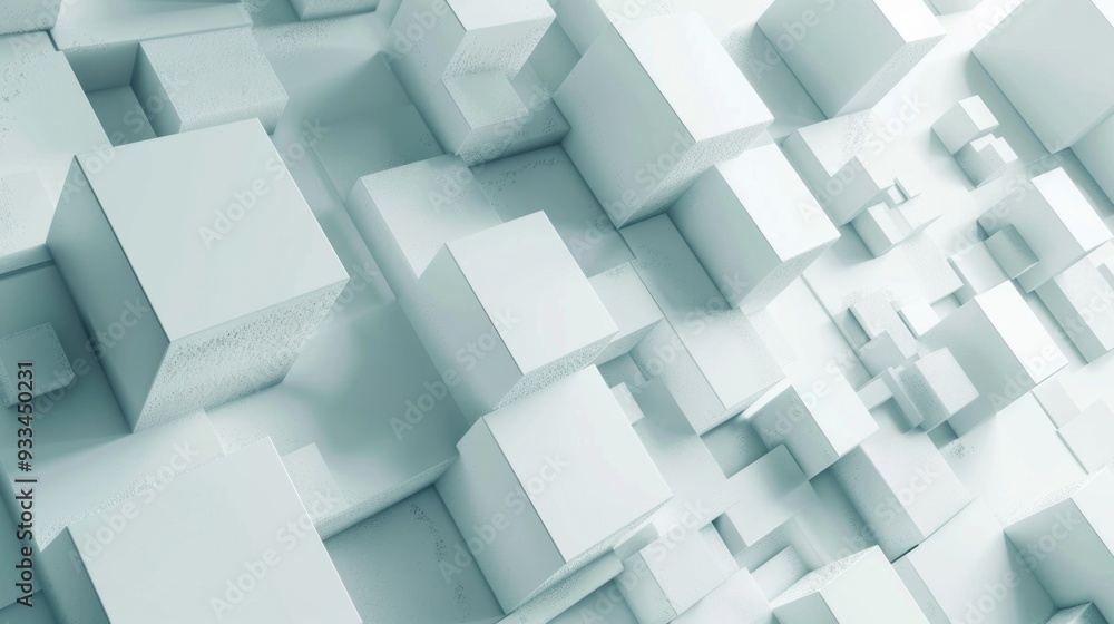 Poster a collection of white cubes suspended in mid-air, with no visible support or attachment