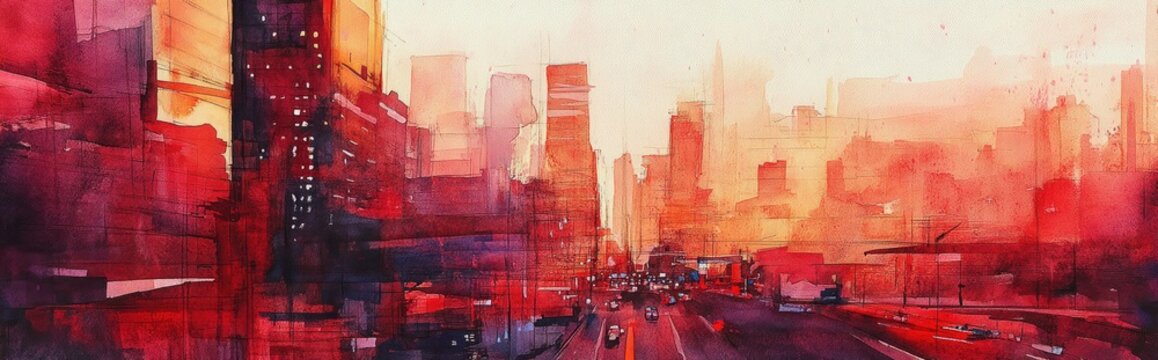 Vibrant watercolor and gouache artworks featuring an urban landscape High resolution images available