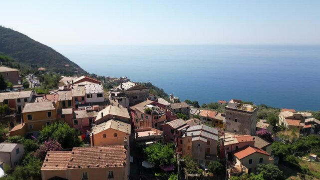 Europe, Italy, Framura is a little sea village in Liguria close to 5 terre ( five island )  - drone aerial view of mediterranean coast - natural harbour and beach 