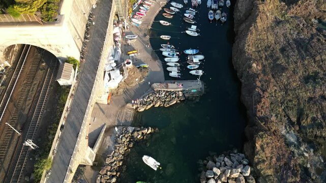 Europe, Italy, Framura is a little sea village in Liguria close to 5 terre ( five island )  - drone aerial view of mediterranean coast - natural harbour and beach 