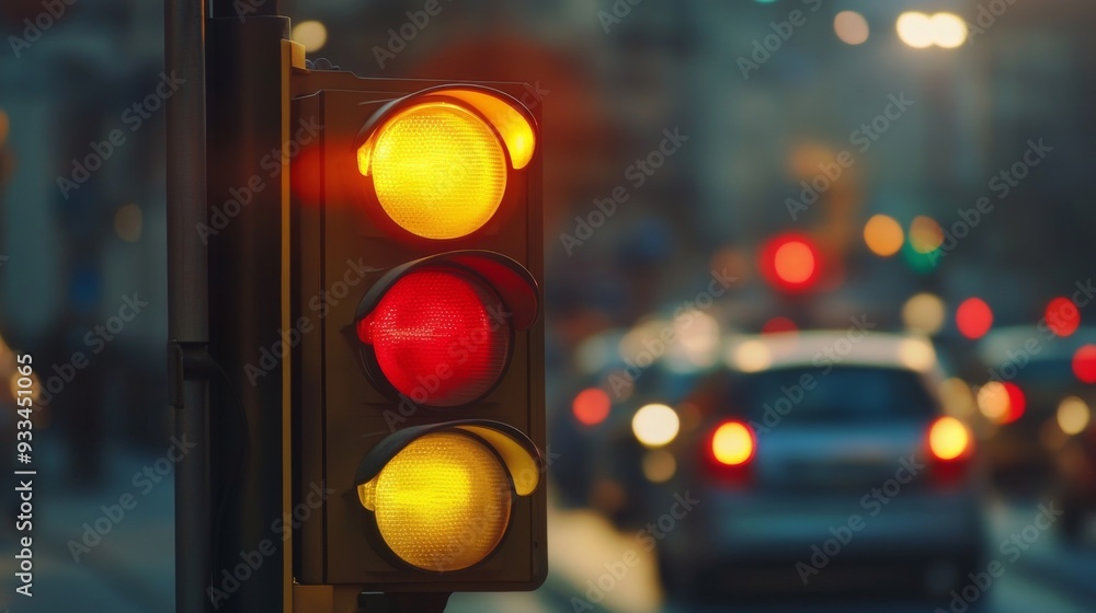 Aufkleber High-resolution close-up of a traffic light in the process of changing from yellow to red, capturing the transition and the surrounding traffic.
