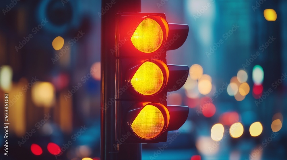 Aufkleber High-resolution close-up of a traffic light in the process of changing from yellow to red, capturing the transition and the surrounding traffic.