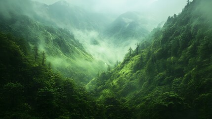 Sunrise over misty mountains with sun rays breaking through the fog, showcasing a green valley and forest in a panoramic summer landscape