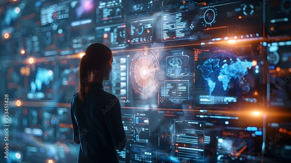 Poster futuristic holographic communication interface for interactive data visualization and global connect
