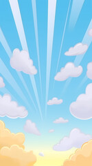 Fototapeta premium Vector evening sky clouds. Anime style background with shining sun and white fluffy clouds. Sunny day sky scene cartoon vector illustration.