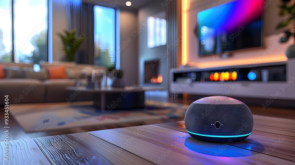 Poster smart home communication hub integrating voice commands video calls and home automation technology c