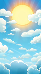 Vector evening sky clouds. Anime style background with shining sun and white fluffy clouds. Sunny day sky scene cartoon vector illustration.
