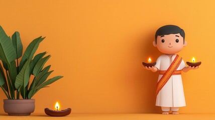 Cartoon figure dressed in traditional attire, lighting a Diwali diya, festive ritual, 3D illustration