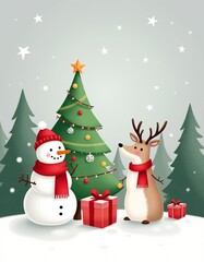 Cute and Cozy Christmas Illustration: Snowman, Deer, and Gifts Surrounded by Twinkling Lights