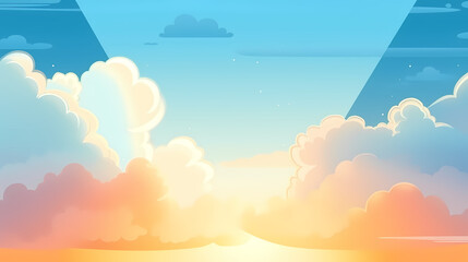 Fototapeta premium Vector evening sky clouds. Anime style background with shining sun and white fluffy clouds. Sunny day sky scene cartoon vector illustration.