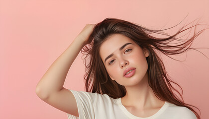 Fototapeta premium Young woman with healthy hair on color background
