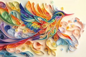 Exquisite Paper Quilling Artwork of a Colorful Bird in Flight with Flowing Details
