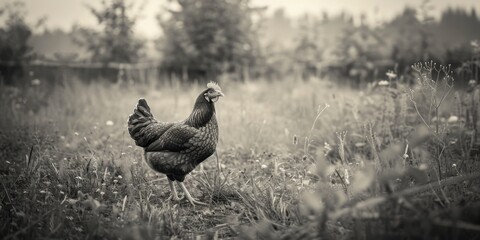 A black and white photo of a chicken roaming freely in a green field