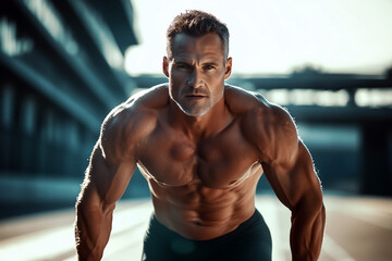 Fototapeta premium Muscular Male Athlete in Ready Position on Urban Track