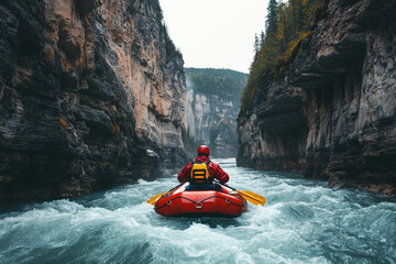  Adventurous Man Rafting Through Narrow Mountain Canyon, Thrilling Rapids Ahead